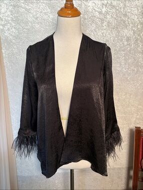 W5 Women's Black Feather-cuff open front light silky satin Blazer Size  S/M
